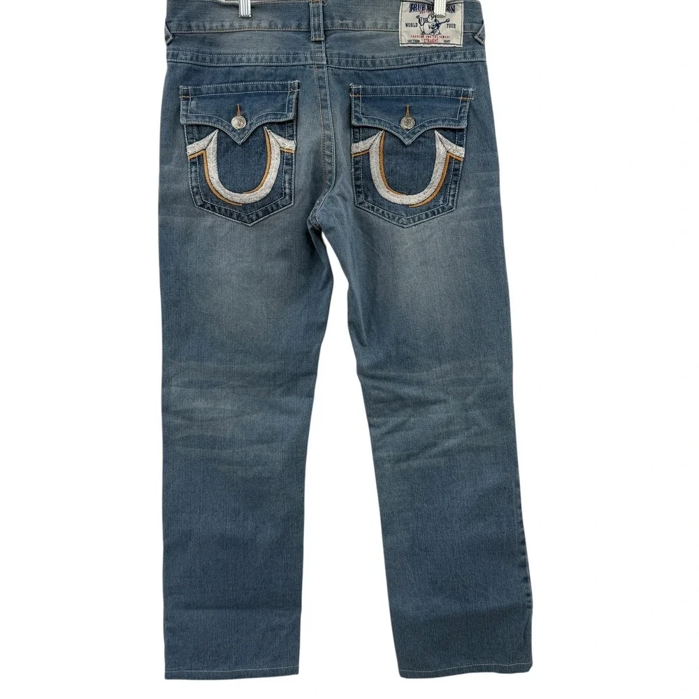 True Religion Brand Jeans Mens Size 36 Straight Leg Blue Denim Classic U‎ Logo